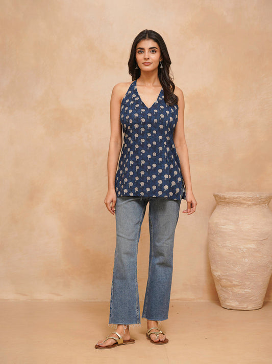 Cotton Printed Stylish Halter Tie-Up Kurti Indigo
