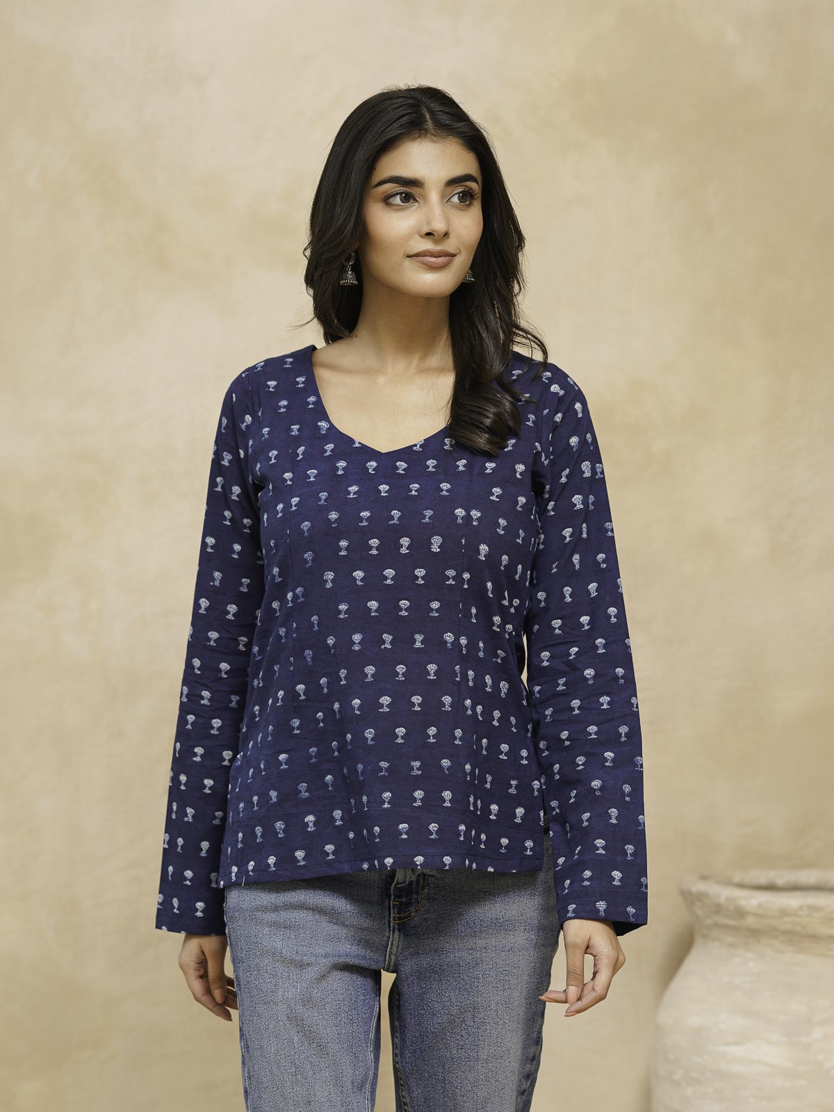 Full Sleeve Cotton Printed Classic Vee Top Blue Booty