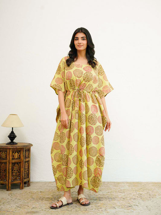 Block-Printed Cotton Long Kaftan Green Flower