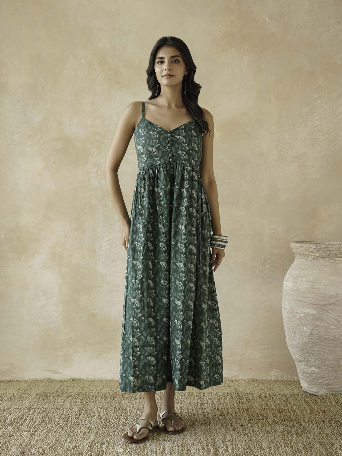 V-Neck Long Strappy Dress Forest Green