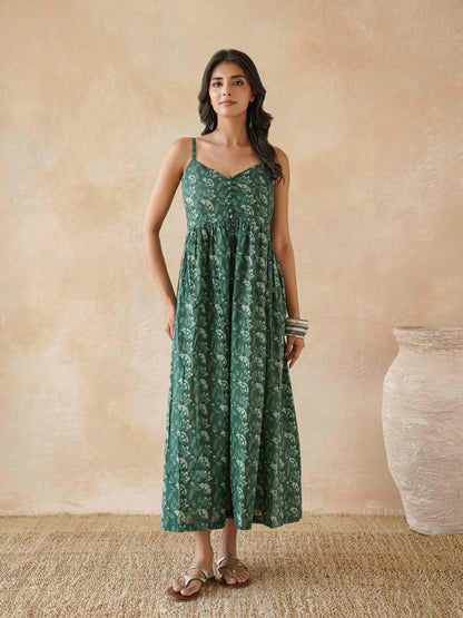 V-Neck Long Strappy Dress Forest Green