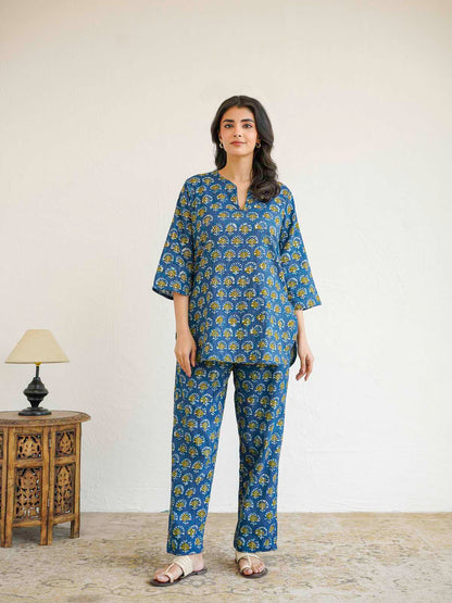 Cotton Printed Lounge Wear Coord Set Blue
