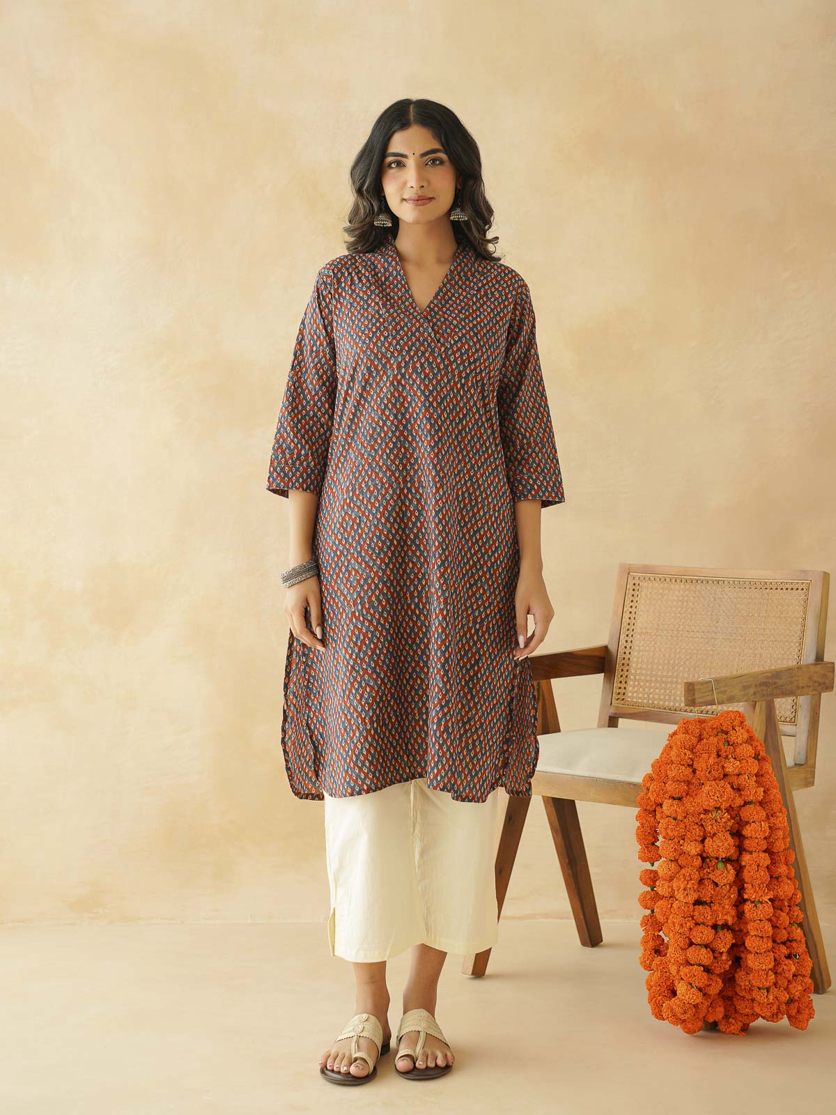 Cotton Printed Straight Kurta Blue Orange