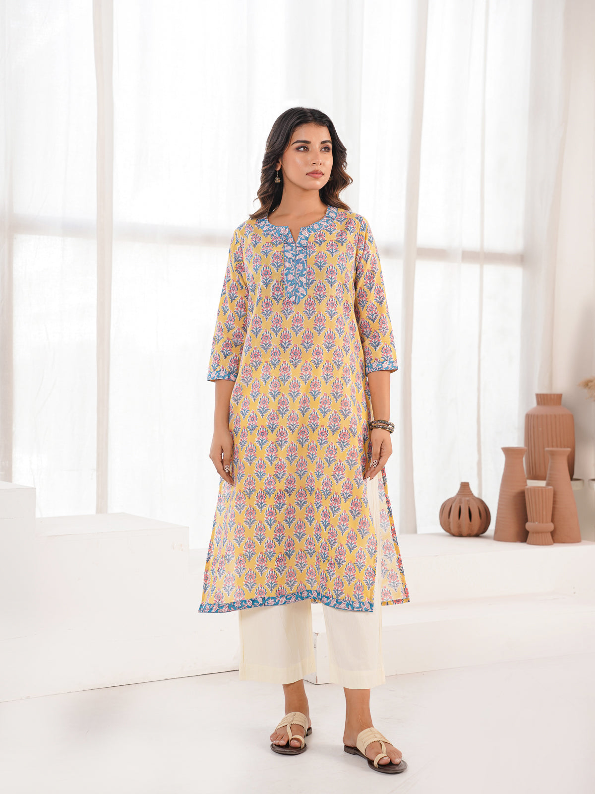 Cotton Block Printed Long Kurta Yellow