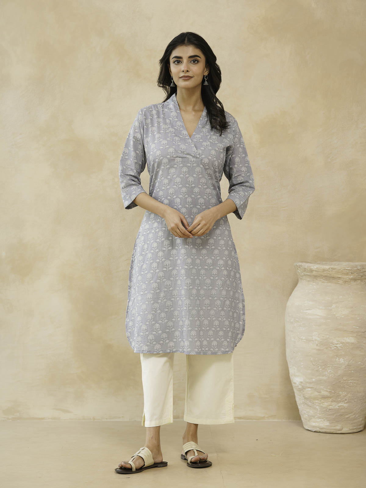 Cotton Printed Straight Kurta Grey