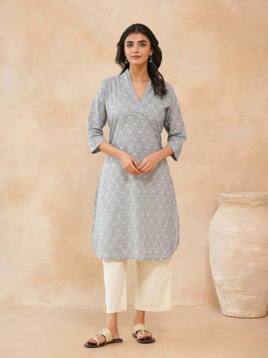 Cotton Printed Straight Kurta Grey