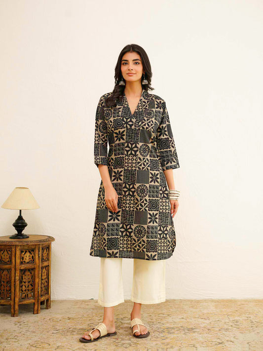 Cotton Printed Straight Kurta Black Coffee