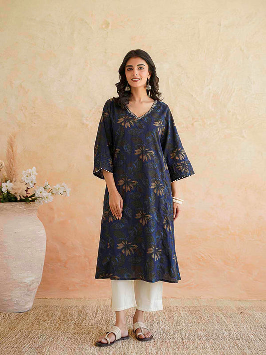 Cotton Printed Ultimate Aline Kurta For Women Dark Blue