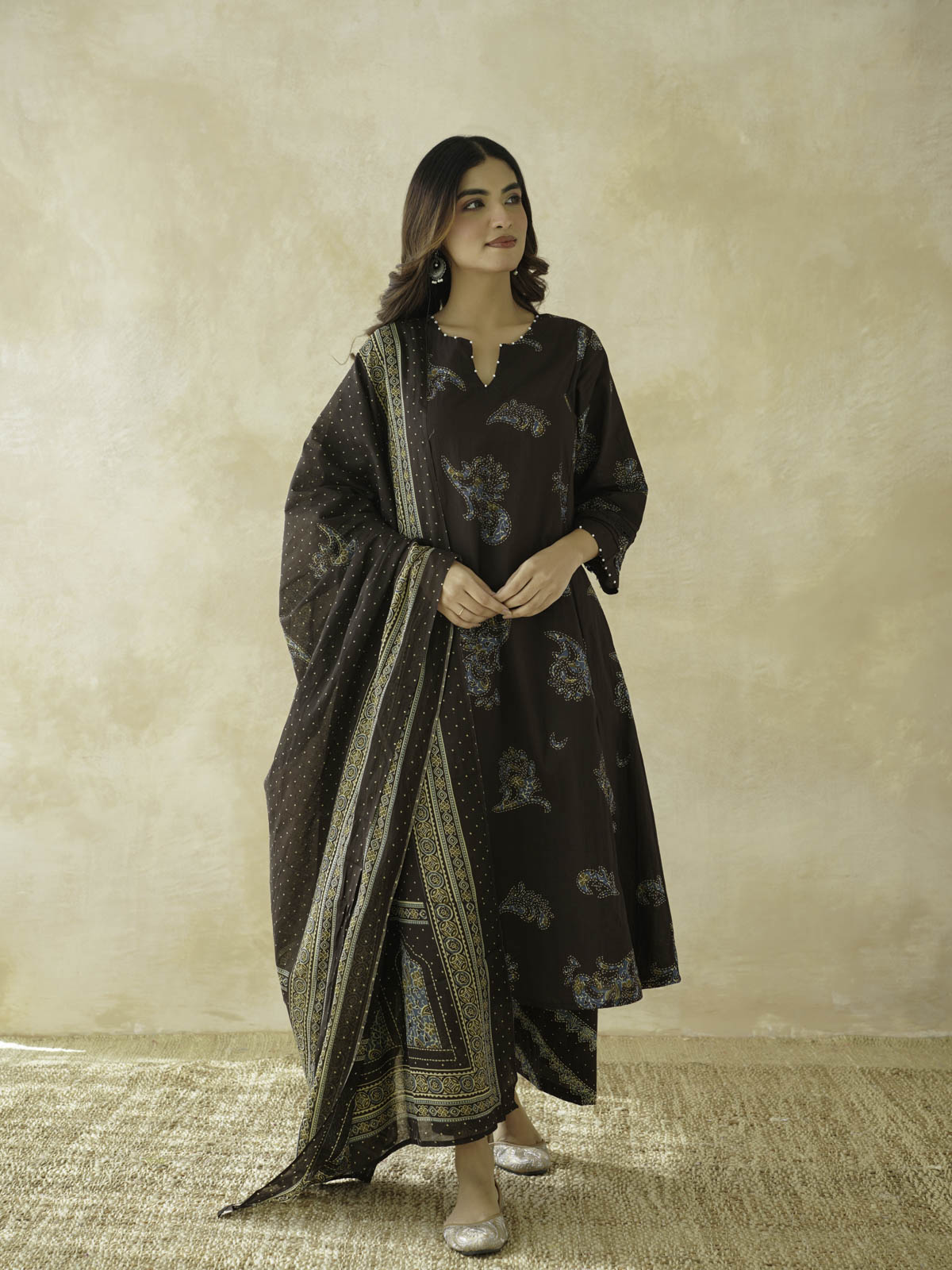 Cotton Printed Aline Geet Kurta Set For Women Choco Brown
