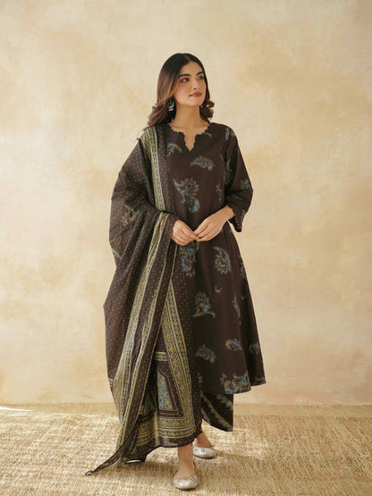 Cotton Printed Aline Geet Kurta Set For Women Choco Brown