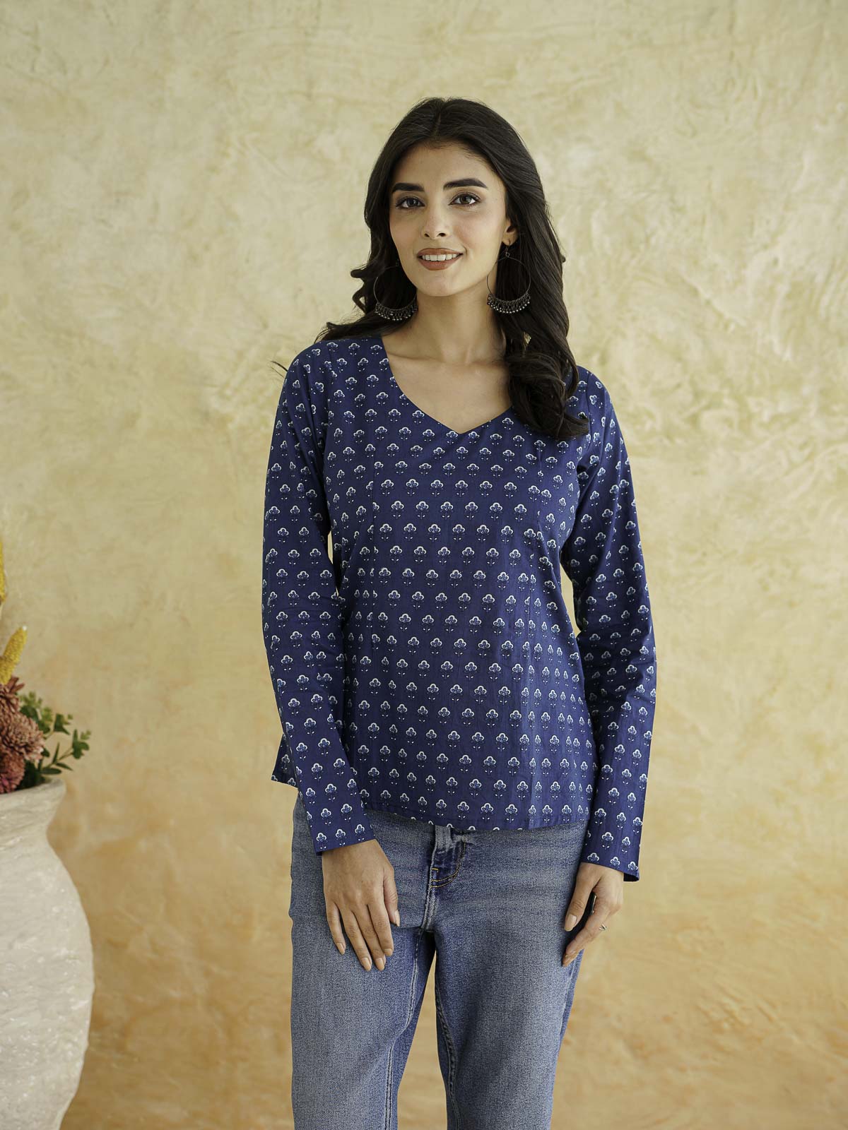Full Sleeve Cotton Printed Classic Vee Top Indigo Booty