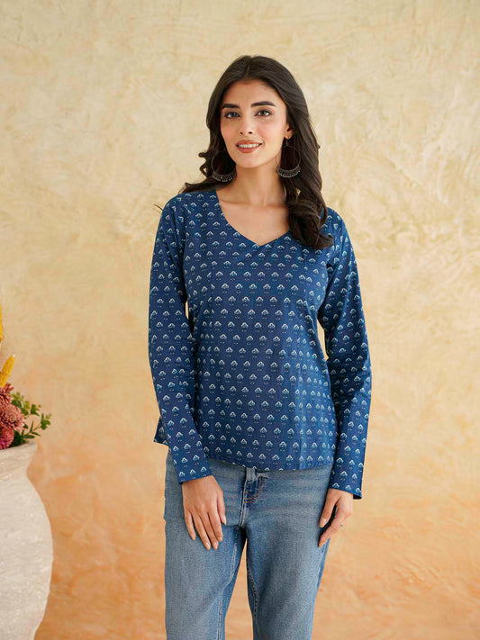 Full Sleeve Cotton Printed Classic Vee Top Indigo Booty