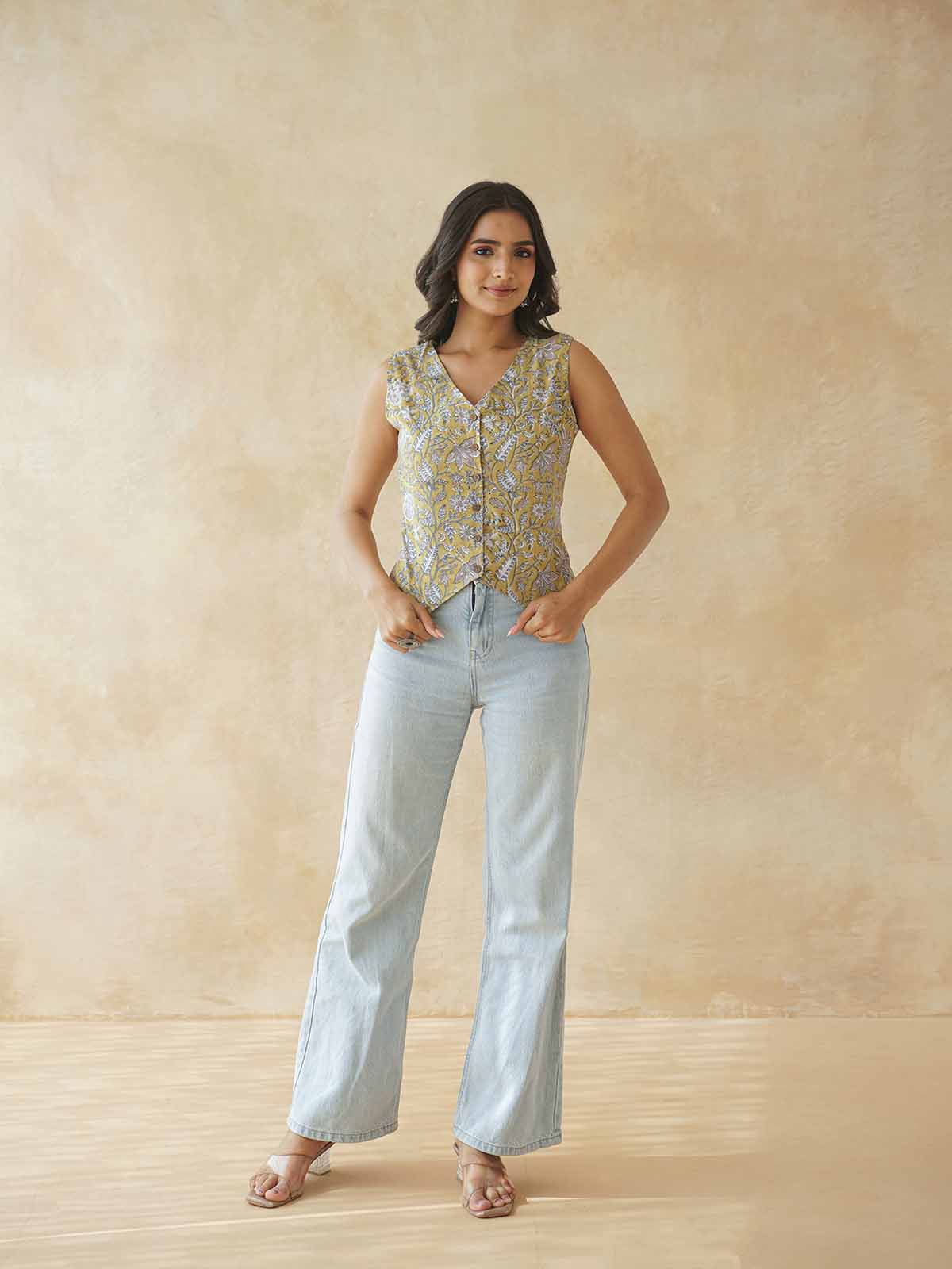 Sleeveless Cotton Block Printed Kothi Top Mustard