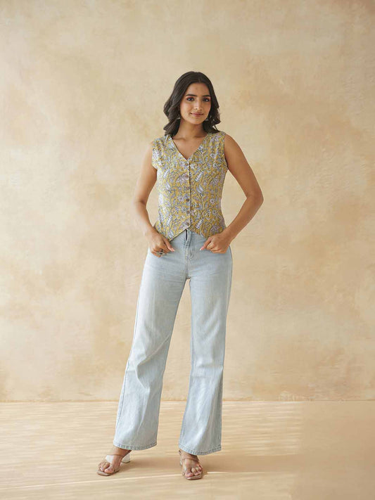 Sleeveless Cotton Block Printed Kothi Top Mustard