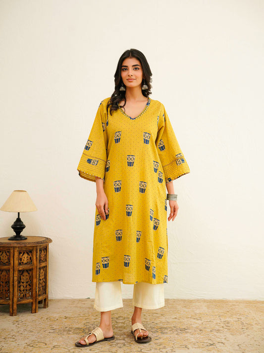 Cotton Printed Ultimate Aline Kurta For Women Yellow
