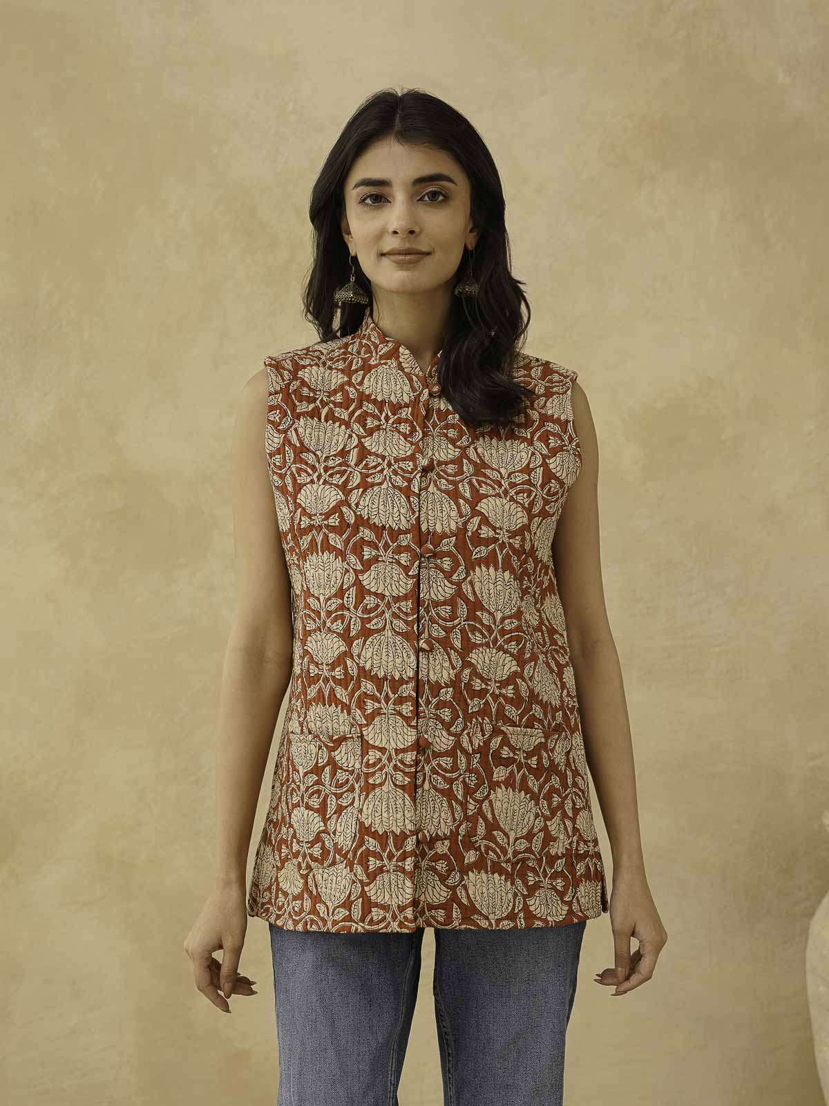 Cotton Printed Sleeveless Quilted Jacket Red Kamal