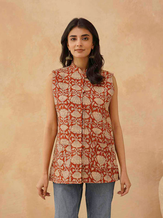 Cotton Printed Sleeveless Quilted Jacket Red Kamal