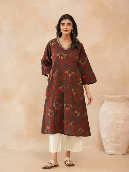 Cotton Printed Ultimate Aline Kurta For Women Red