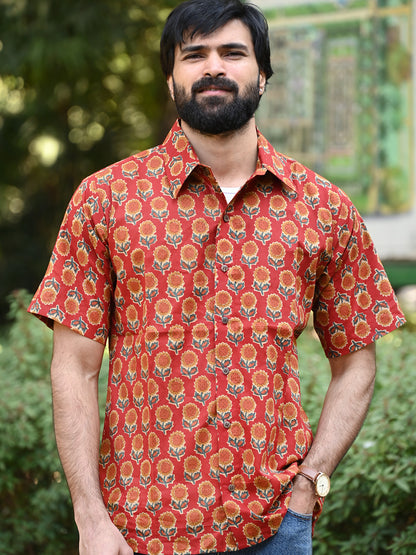 Men's Relaxed Fit Cotton Shirt – Half Sleeves - Red Sunflower