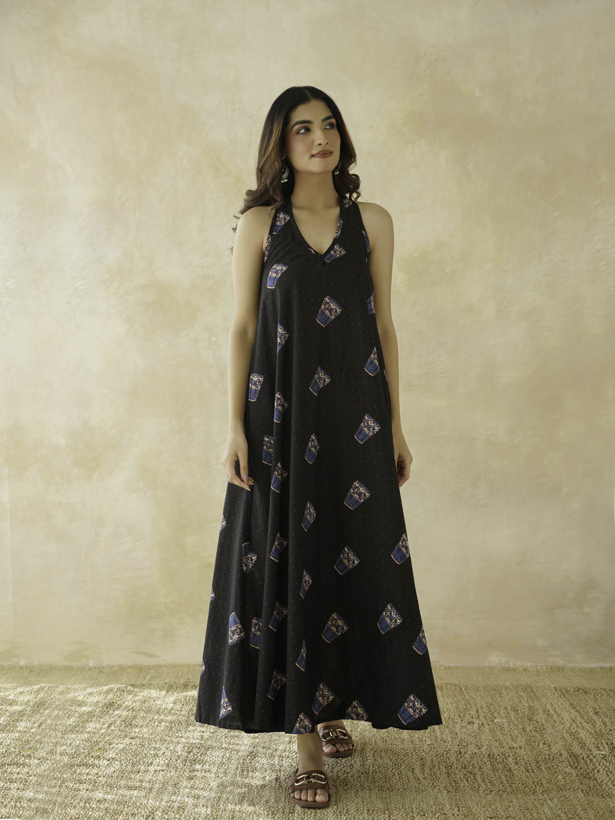 Cotton Printed Aline Moana Dress Black