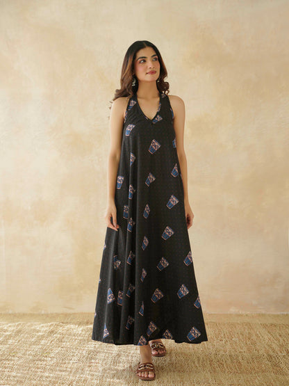 Cotton Printed Aline Moana Dress Black