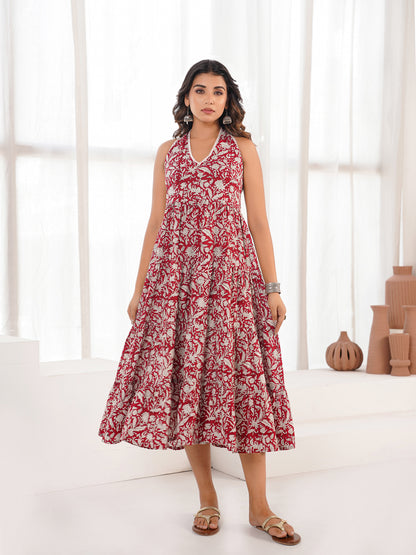 Tiered Halter Neck Dress Red Jaal