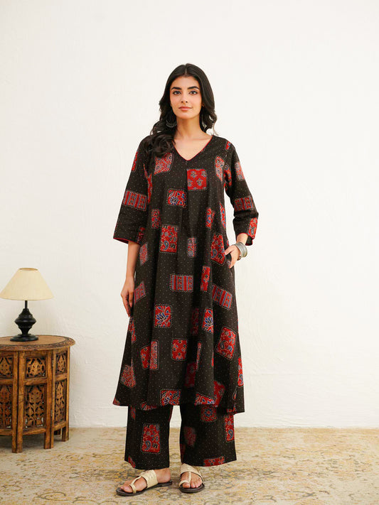 Cotton Printed Noor Aline Set For Women Black