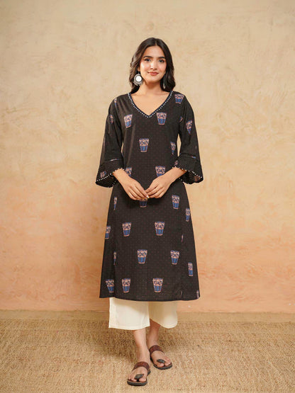 Cotton Printed Ultimate Aline Kurta For Women Black