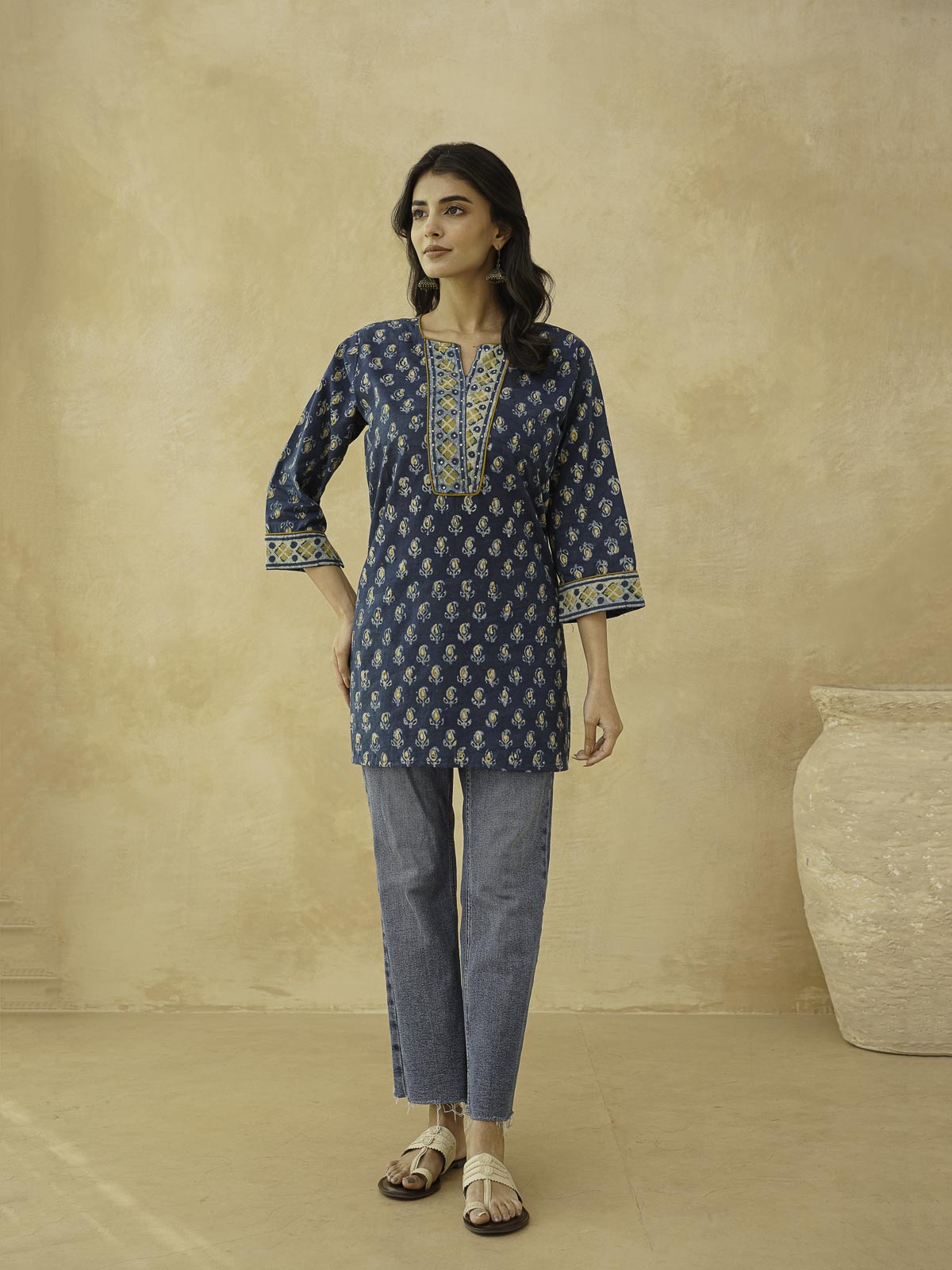 Cotton Printed Sequin Short Kurti For Women Indigo