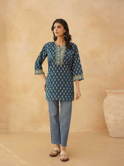 Cotton Printed Sequin Short Kurti For Women Indigo