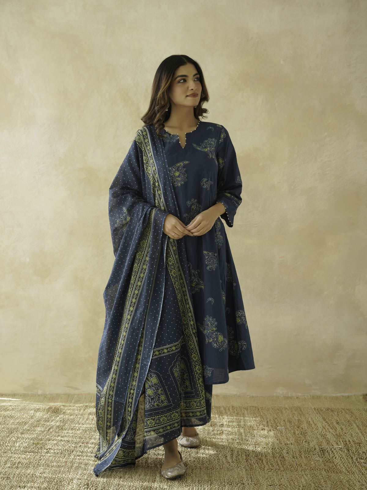 Cotton Printed Aline Geet Kurta Set For Women Indigo
