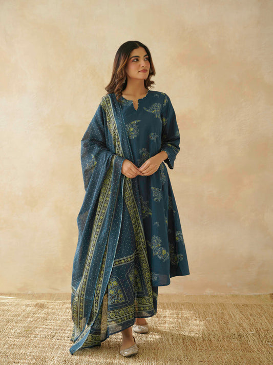 Cotton Printed Aline Geet Kurta Set For Women Indigo