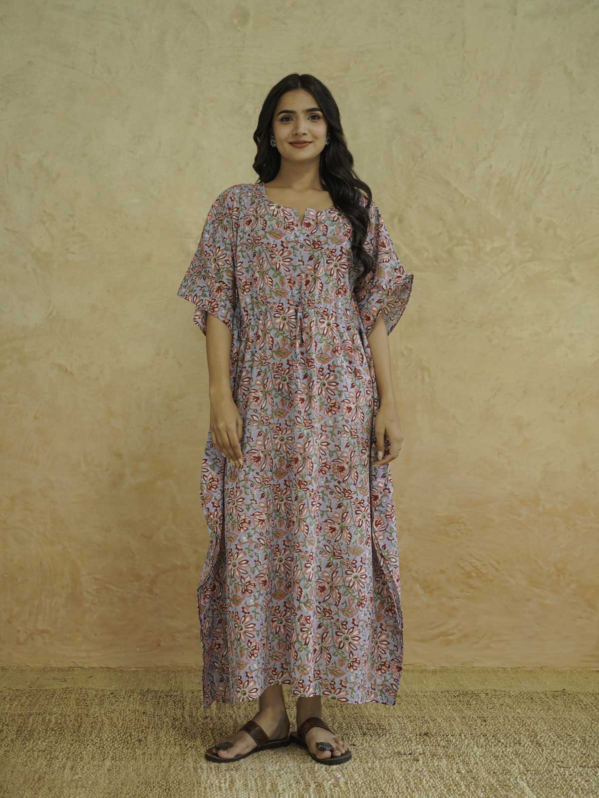 Block-Printed Cotton Long Kaftan Blue Jaal