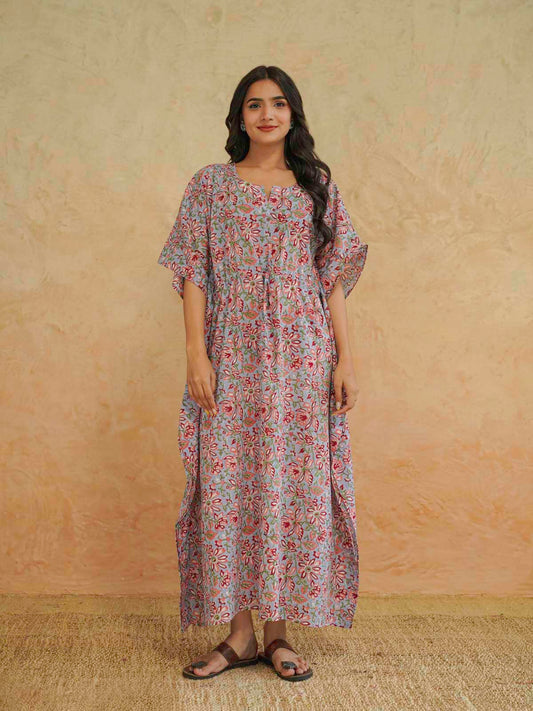 Block-Printed Cotton Long Kaftan Blue Jaal
