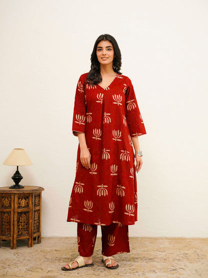 Cotton Printed Noor Aline Set For Women Red