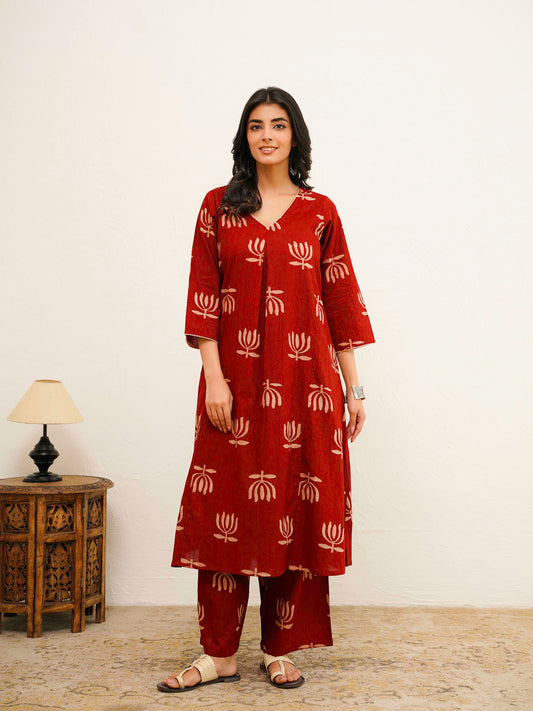 Cotton Printed Noor Aline Set For Women Red