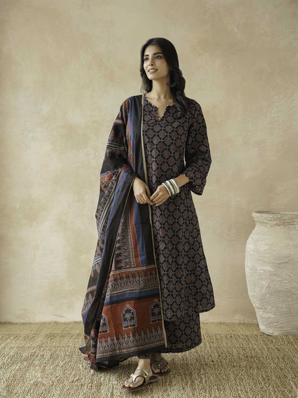 Cotton Printed Aline Kurta Set For Women Black