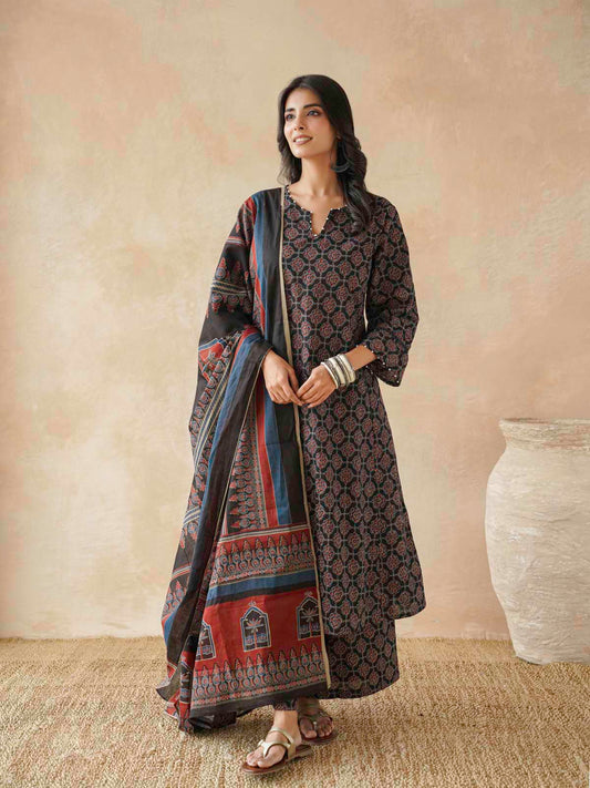 Cotton Printed Aline Kurta Set For Women Black