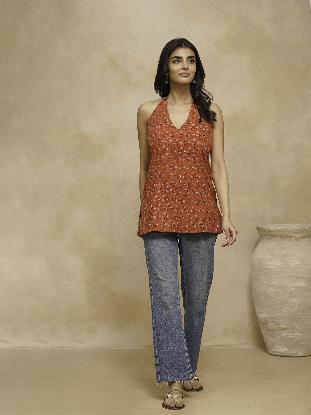 Cotton Printed Stylish Halter Tie-Up Kurti Orange
