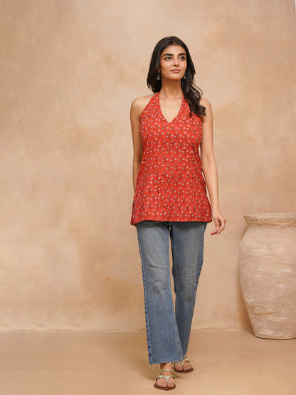 Cotton Printed Stylish Halter Tie-Up Kurti Orange