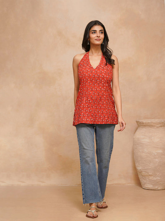 Cotton Printed Stylish Halter Tie-Up Kurti Orange