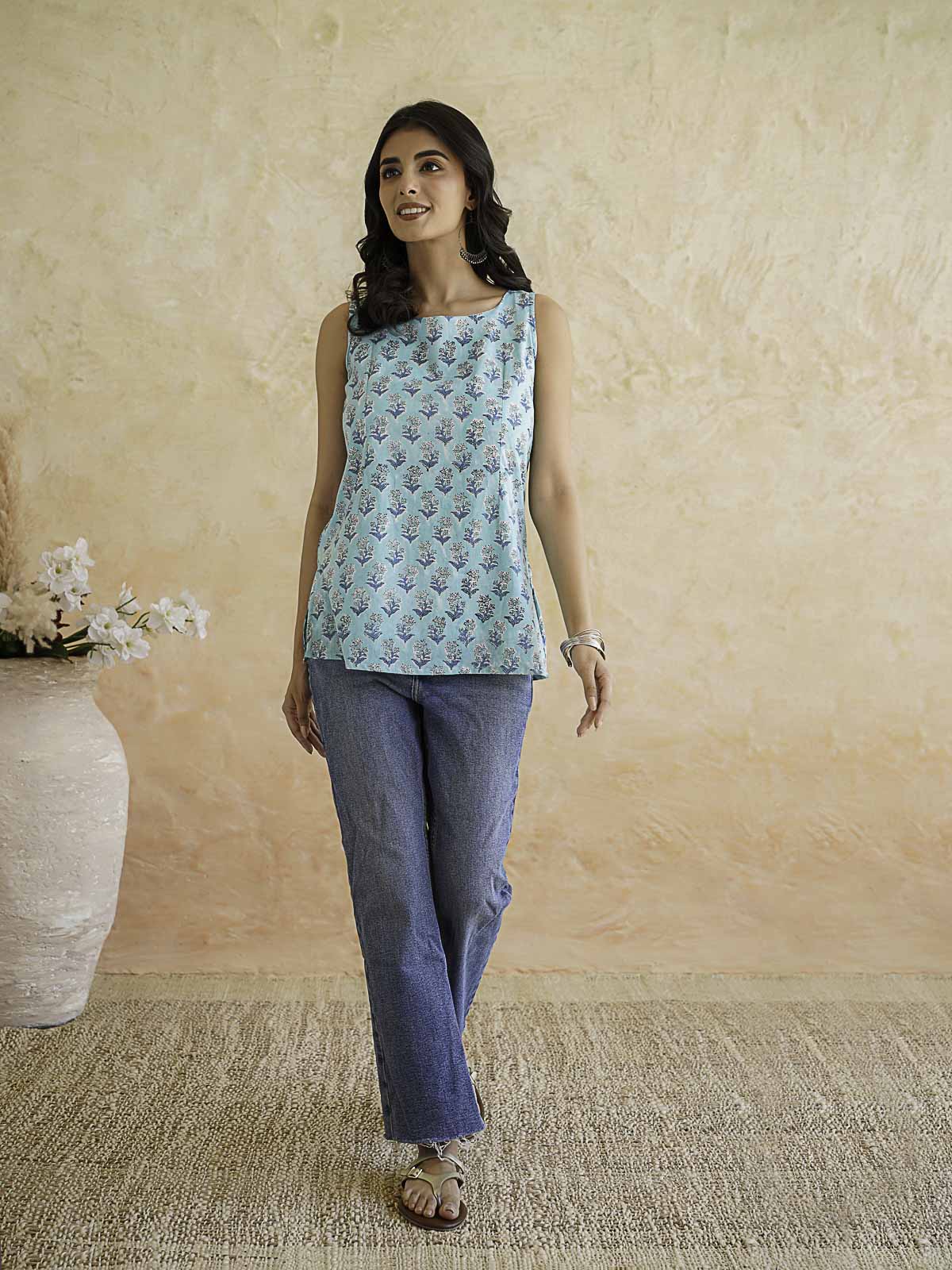 Cotton Printed Stylish Backless Tie-Up Kurti Sky Blue