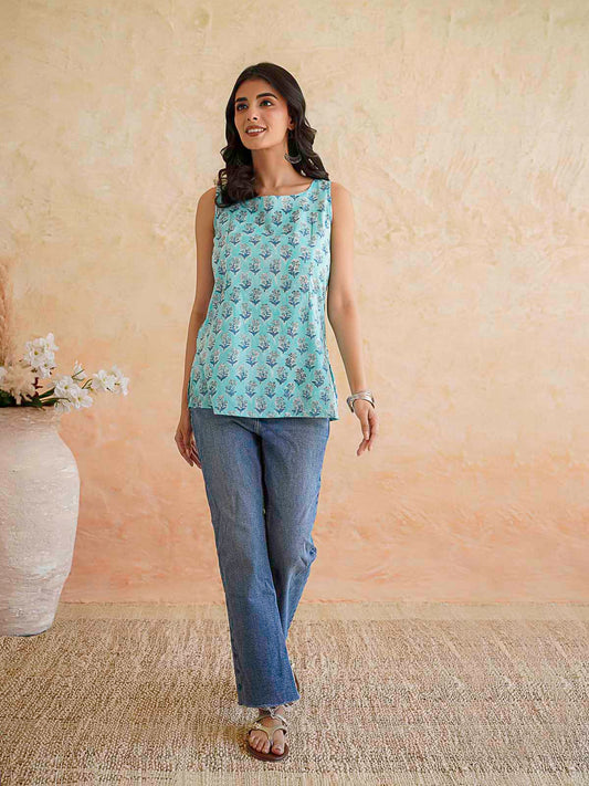 Cotton Printed Stylish Backless Tie-Up Kurti Sky Blue