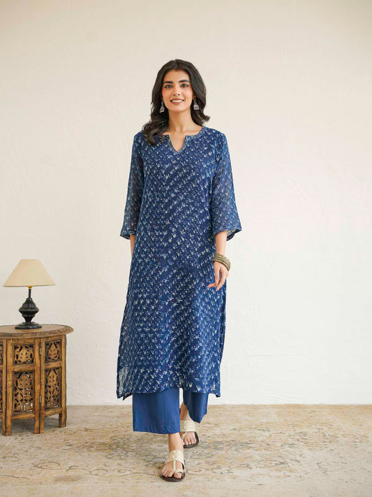 Cotton Printed Kantha Style Set For Women Indigo Patti