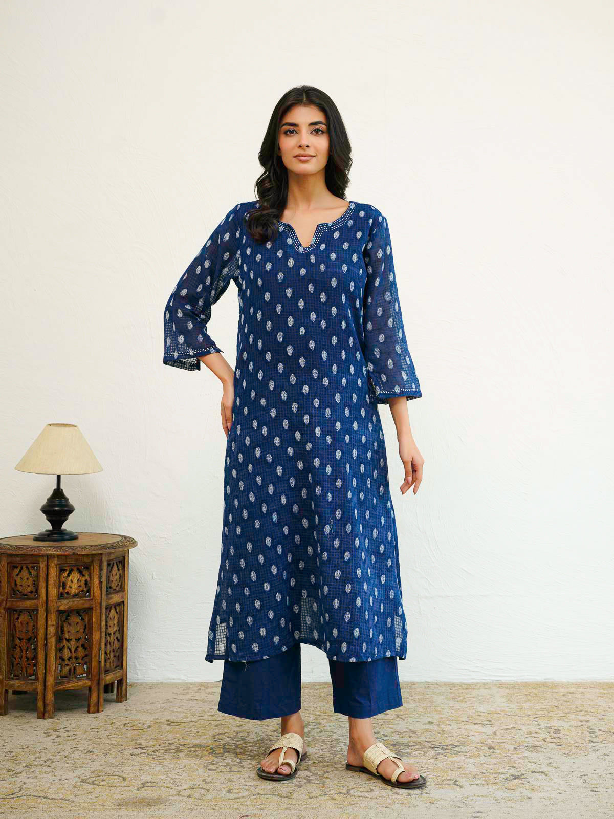 Cotton Printed Kantha Style Set For Women Indigo Eye