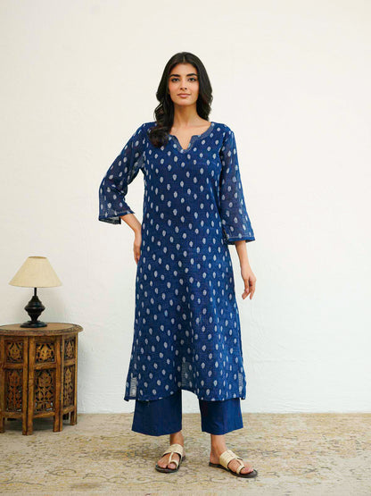 Cotton Printed Kantha Style Set For Women Indigo Eye