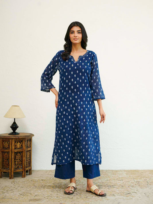Cotton Printed Kantha Style Set For Women Indigo Eye