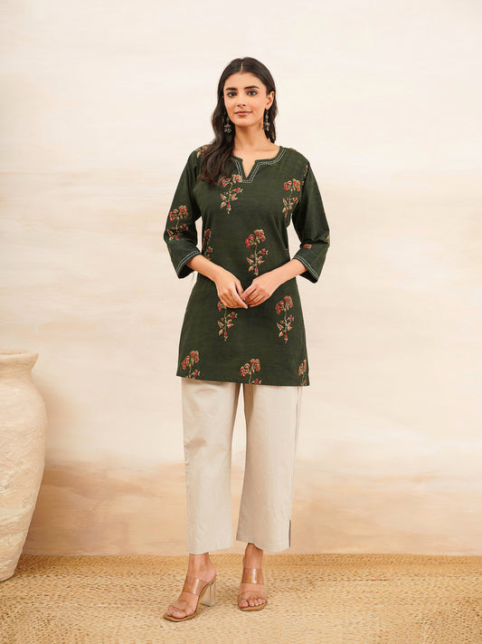 Cotton Printed Kantha Kurta Green Patti