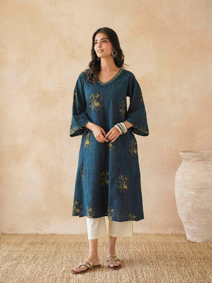 Cotton Printed Ultimate Aline Kurta For Women Indigo