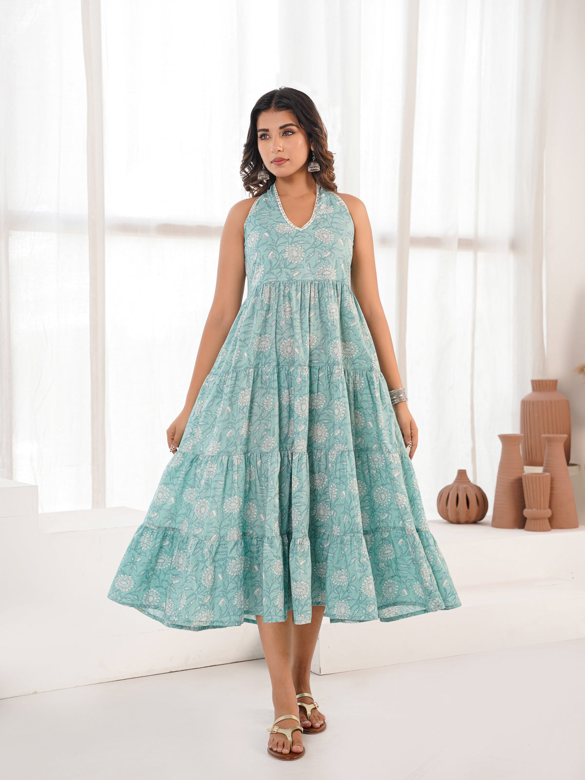 Tiered Halter Neck Dress Sea Green